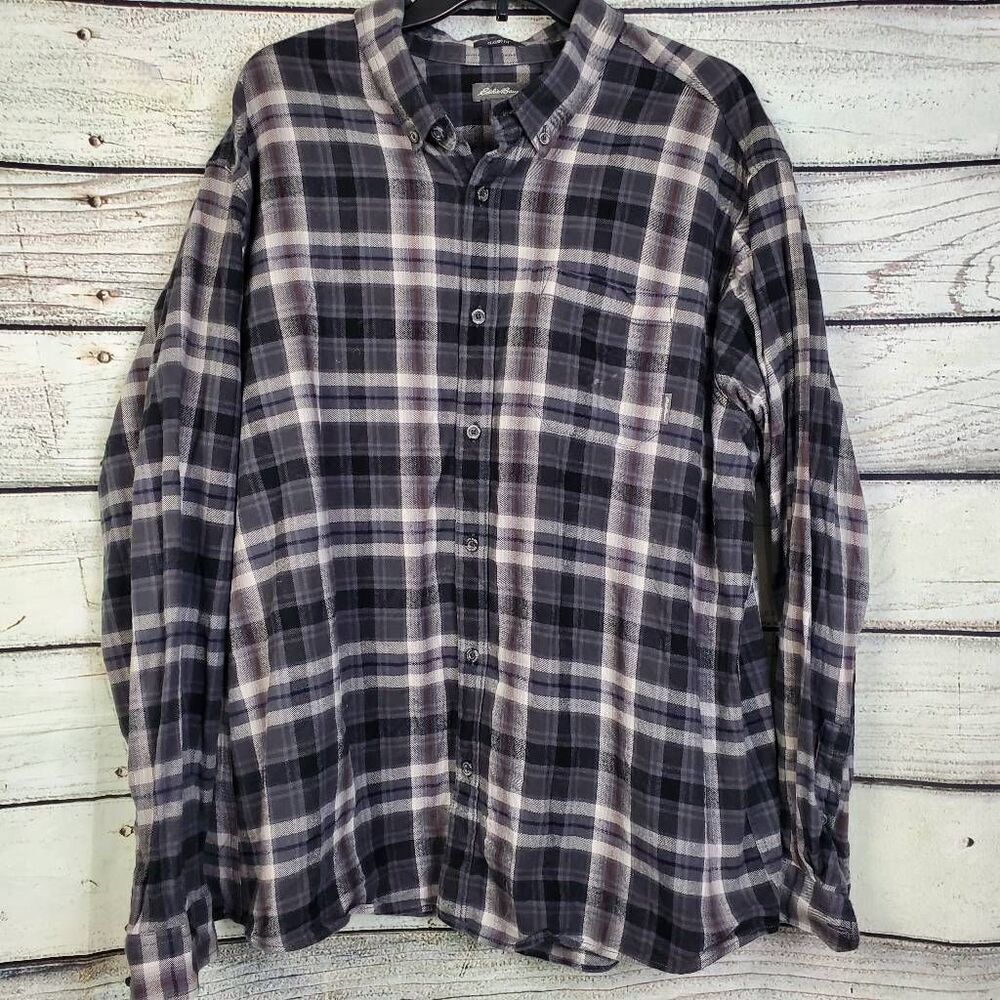 Eddie Bauer 2XL Men’s Classic Fit Flannel Shirt Gray Navy Plaid 100% Cotton